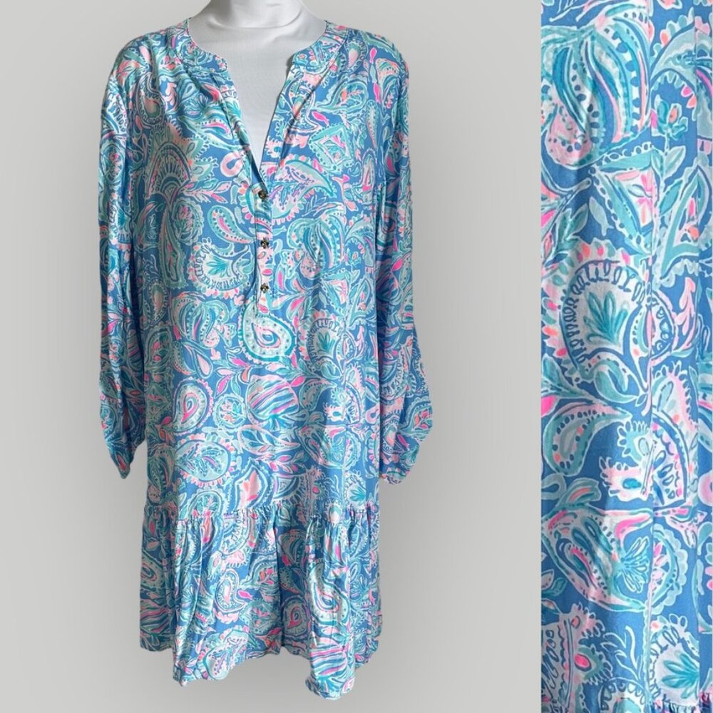 Lilly Pulitzer Women's CHARLEE TUNIC Dress Zanzibar Blue Fish Kiss XL NWT - Picture 2 of 7